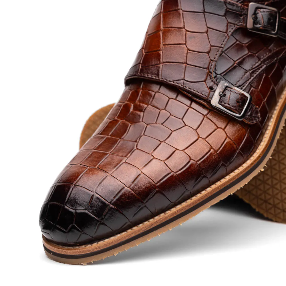 55-112-CGN LEGERRA Hand Burnished Crocodile Print Monkstrap Cognac