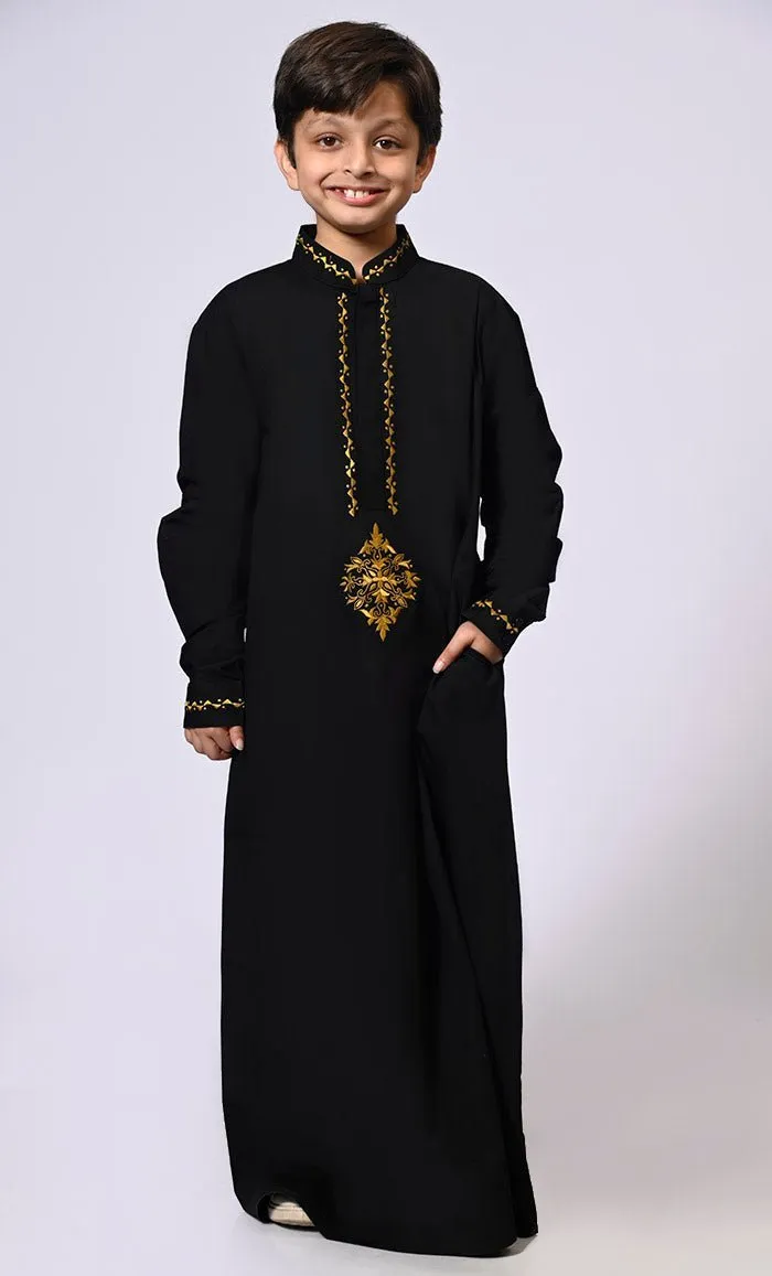 Artisanal Embroidery: Boy's Black Embroidered Thobe With Pockets - Final Sale