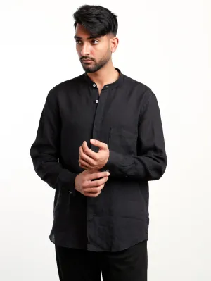 Black Linen Dress Shirt with Band Collar