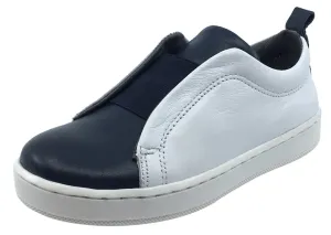 BluBlonc Boy's & Girl's White and Navy Leather with Elastic Middle Sneaker Shoe