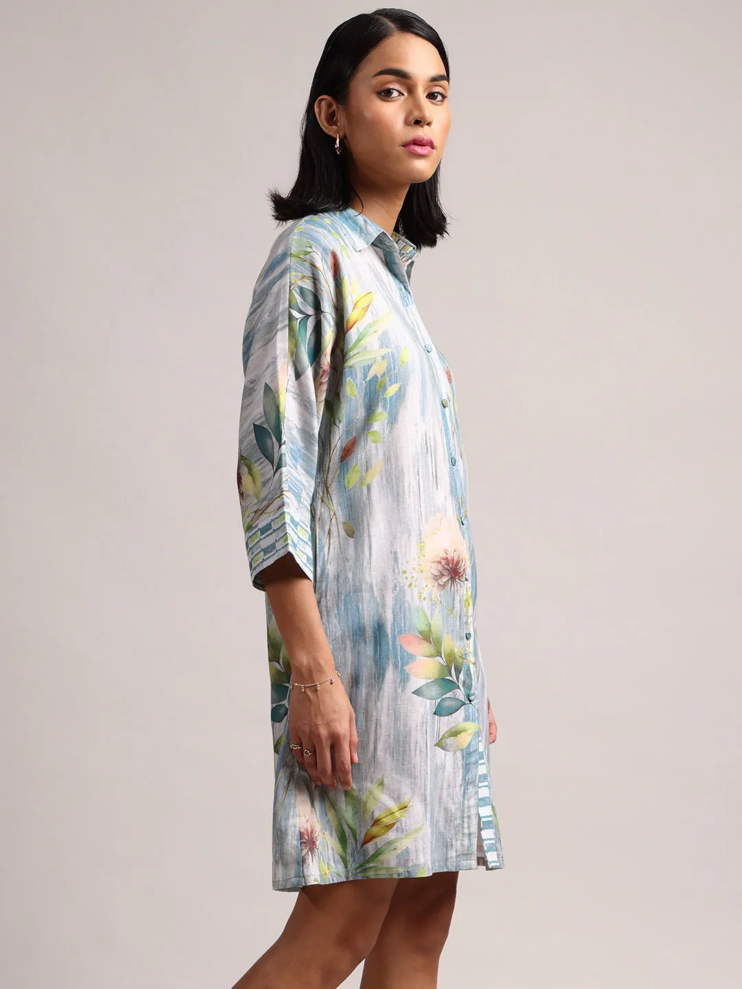 Blue Cotton Linen Floral Printed Shirt Dress