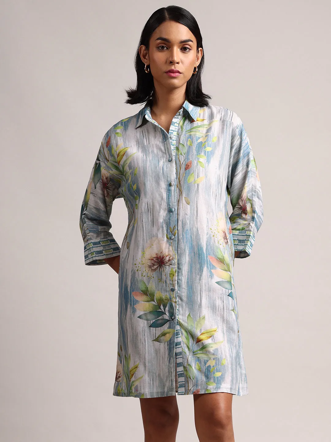 Blue Cotton Linen Floral Printed Shirt Dress