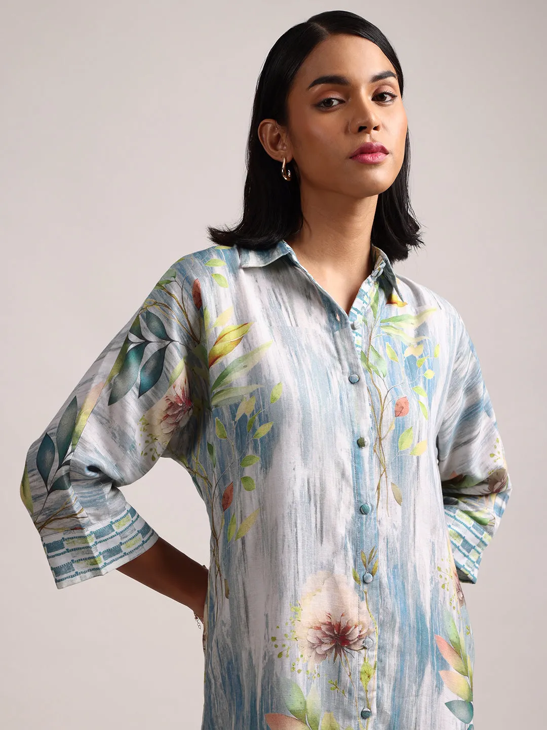 Blue Cotton Linen Floral Printed Shirt Dress