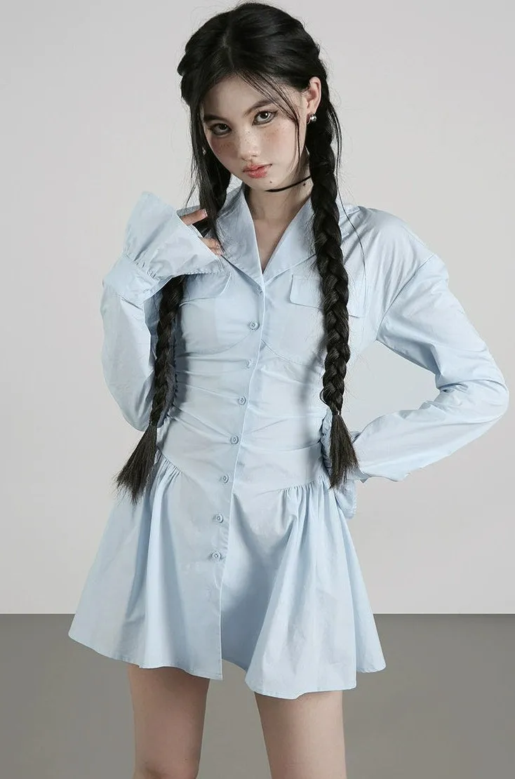 Button-Up Shirt Dress with Flared Skirt and Collar Detail