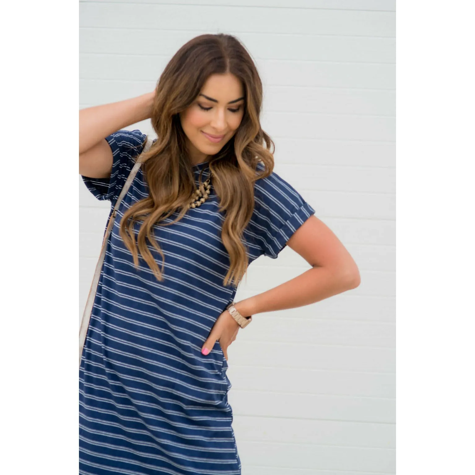 Cuffed Sleeve Double Striped Dress