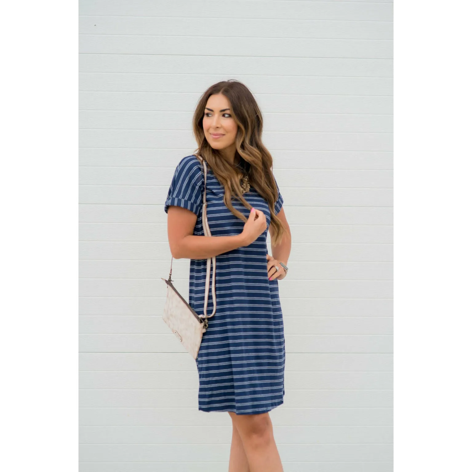 Cuffed Sleeve Double Striped Dress