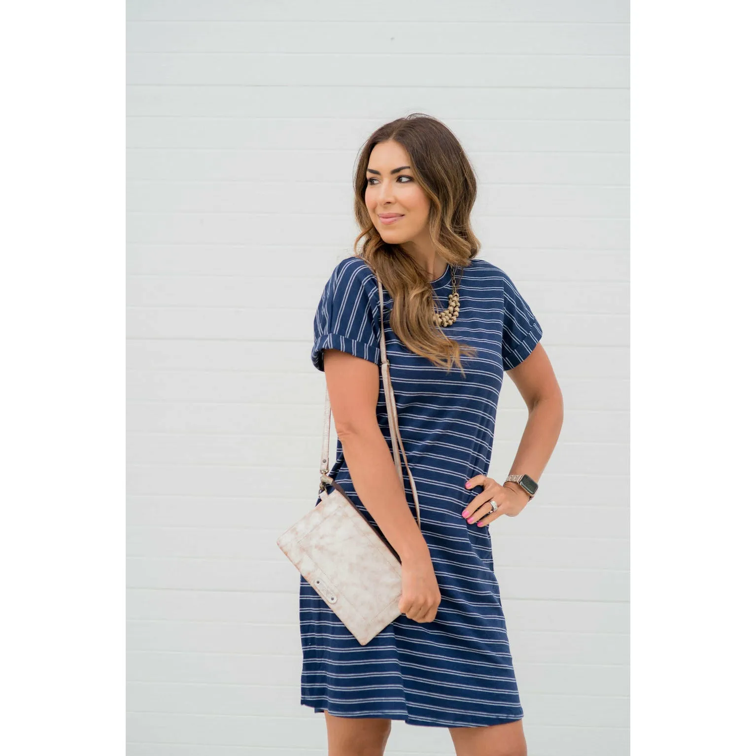 Cuffed Sleeve Double Striped Dress