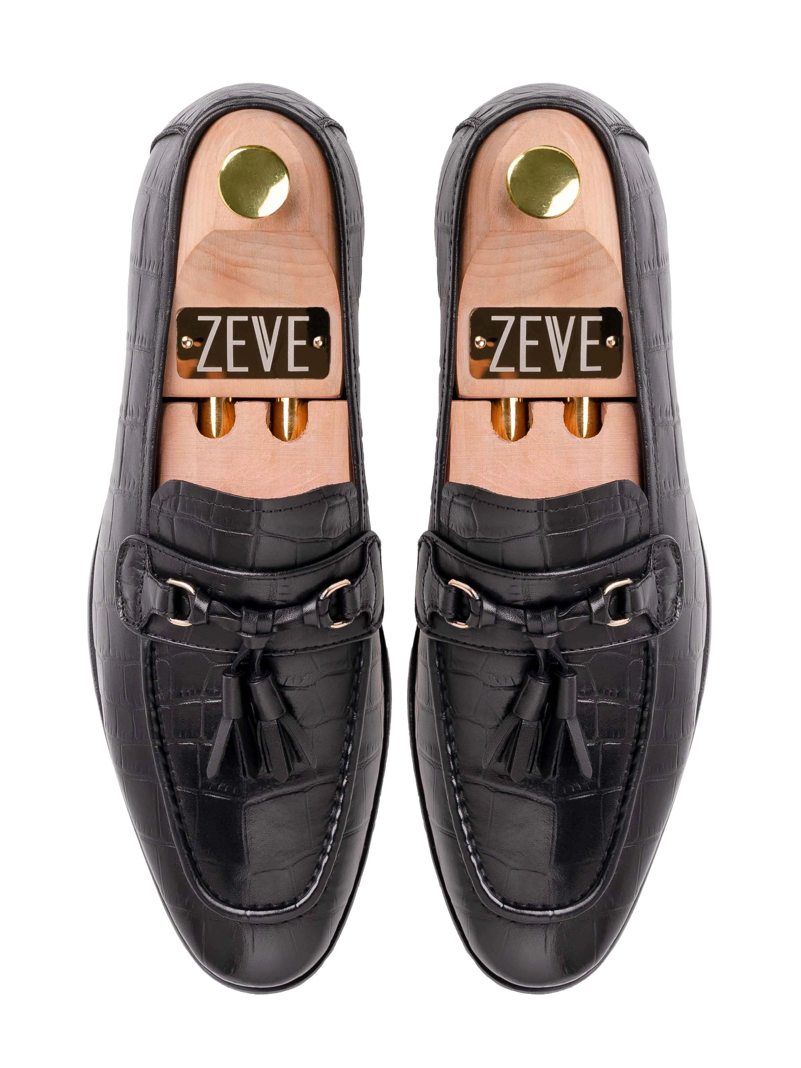 Elvio Tassel Loafer - Black Croco Polished Leather