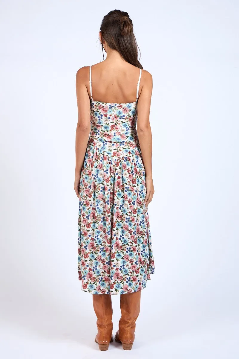 FLORAL SMOCKED  DROP-WAIST MIDI DRESS