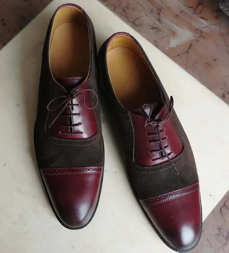 Handmade Men's Brown Burgundy Cap Toe Leather Suede Lace Up Shoes, Men Designer Dress Formal Luxury Shoes