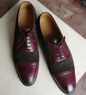 Handmade Men's Brown Burgundy Cap Toe Leather Suede Lace Up Shoes, Men Designer Dress Formal Luxury Shoes