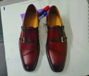 Handmade Men's Burgundy Double Monk Strap Leather Shoes, Men Designer Dress Formal Luxury Shoes