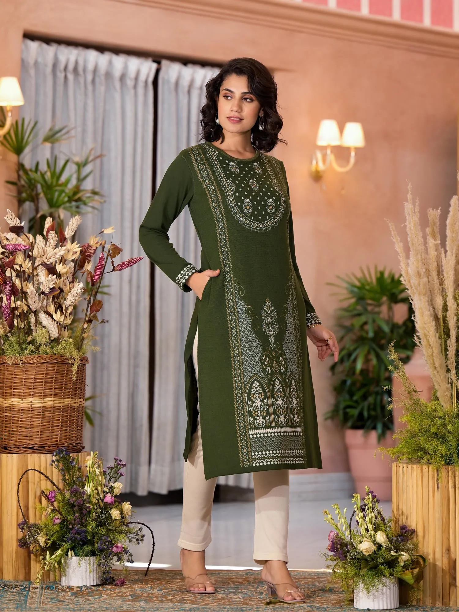 Olive Ethnic Motif Printed Polycotton Kurta