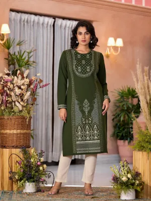 Olive Ethnic Motif Printed Polycotton Kurta