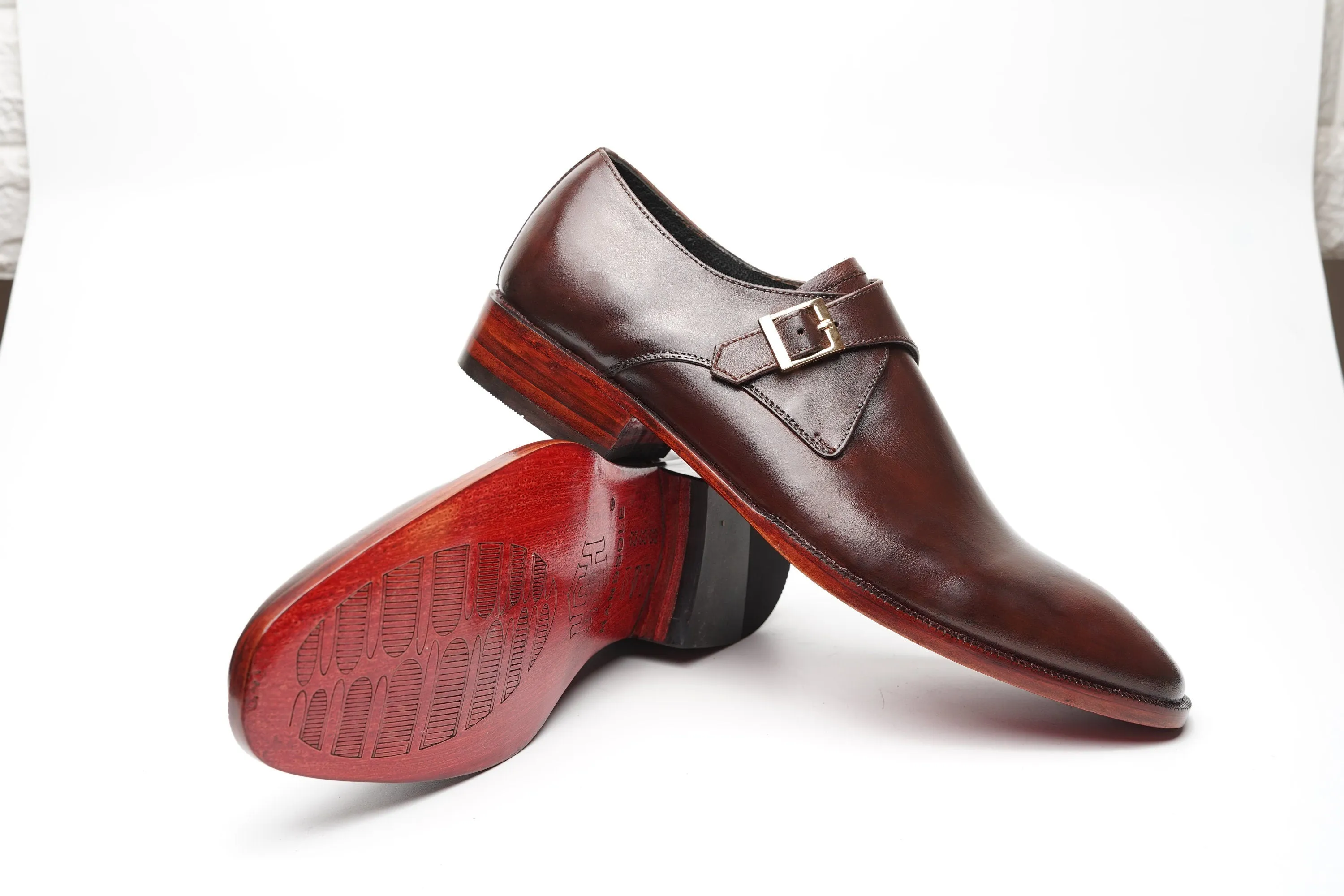 Real handmade Brown single buckle monk Strap with Hand burnished brown shade Made of full grain natural crust leather