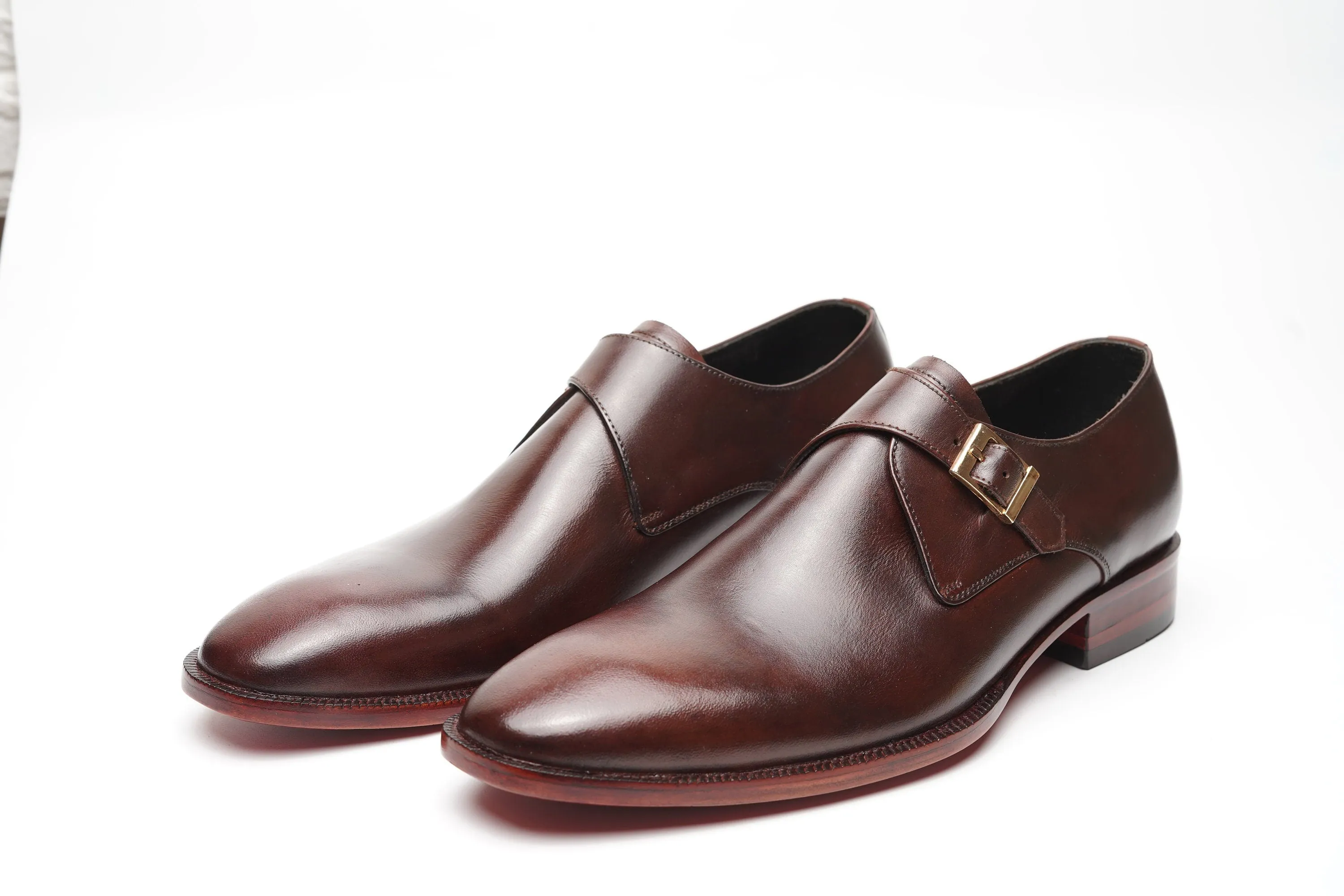 Real handmade Brown single buckle monk Strap with Hand burnished brown shade Made of full grain natural crust leather