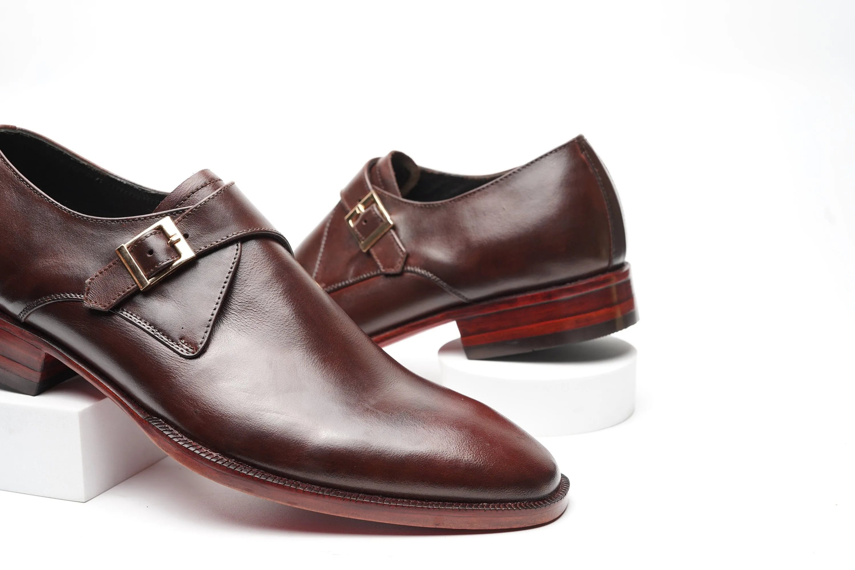 Real handmade Brown single buckle monk Strap with Hand burnished brown shade Made of full grain natural crust leather