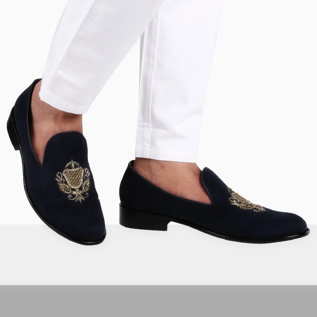 San Luis Black Hand-Embroidered Suede Loafers