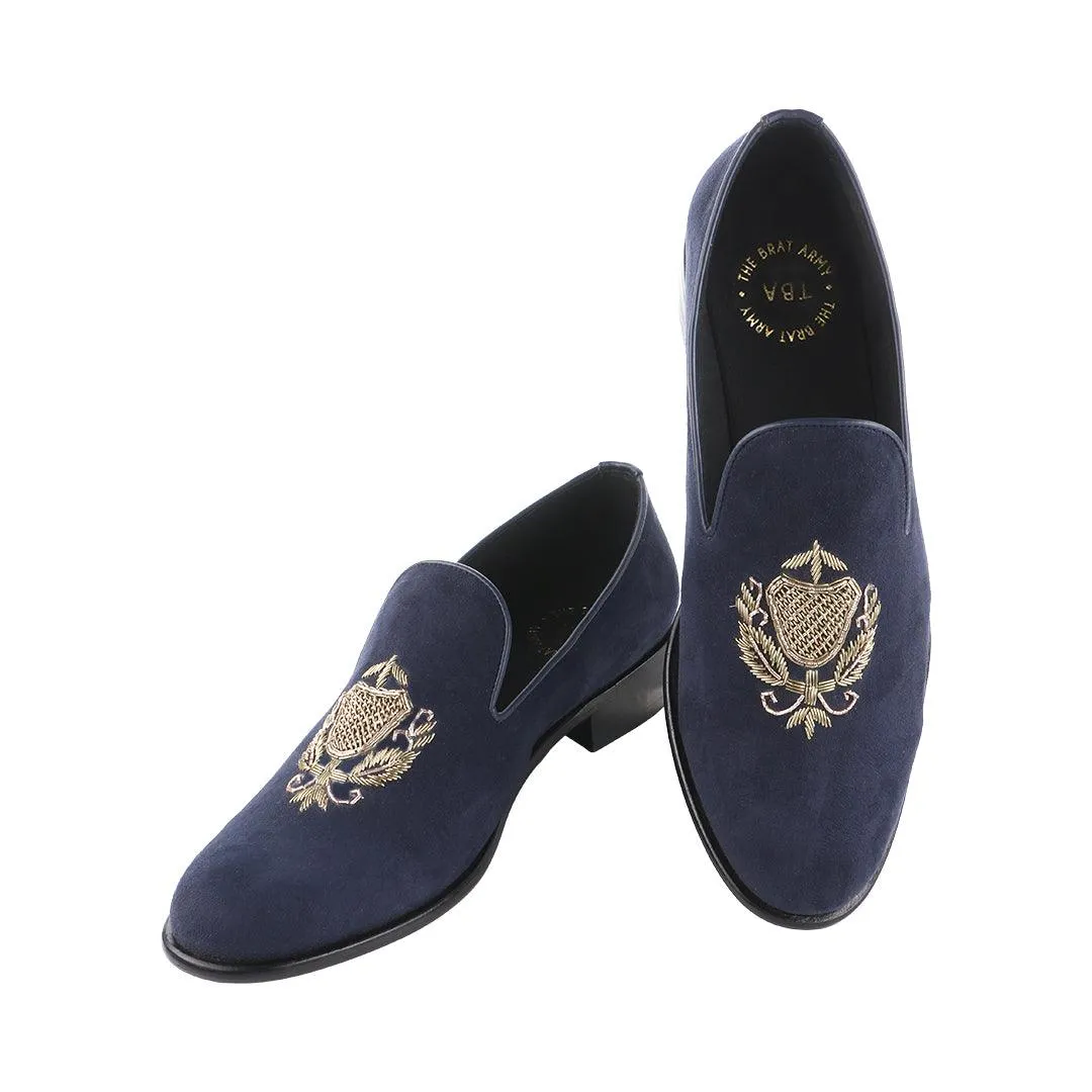 San Luis Navy Blue Hand-Embroidered Suede Loafers