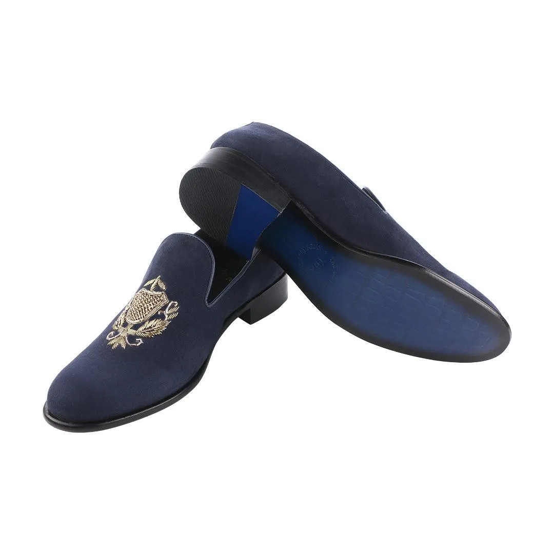 San Luis Navy Blue Hand-Embroidered Suede Loafers