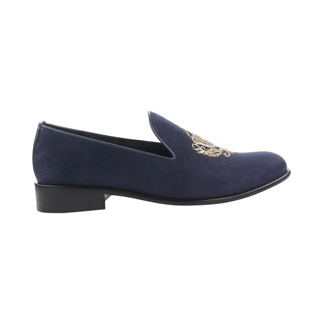 San Luis Navy Blue Hand-Embroidered Suede Loafers