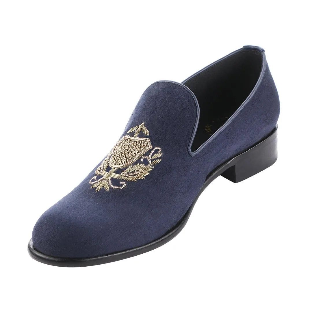 San Luis Navy Blue Hand-Embroidered Suede Loafers