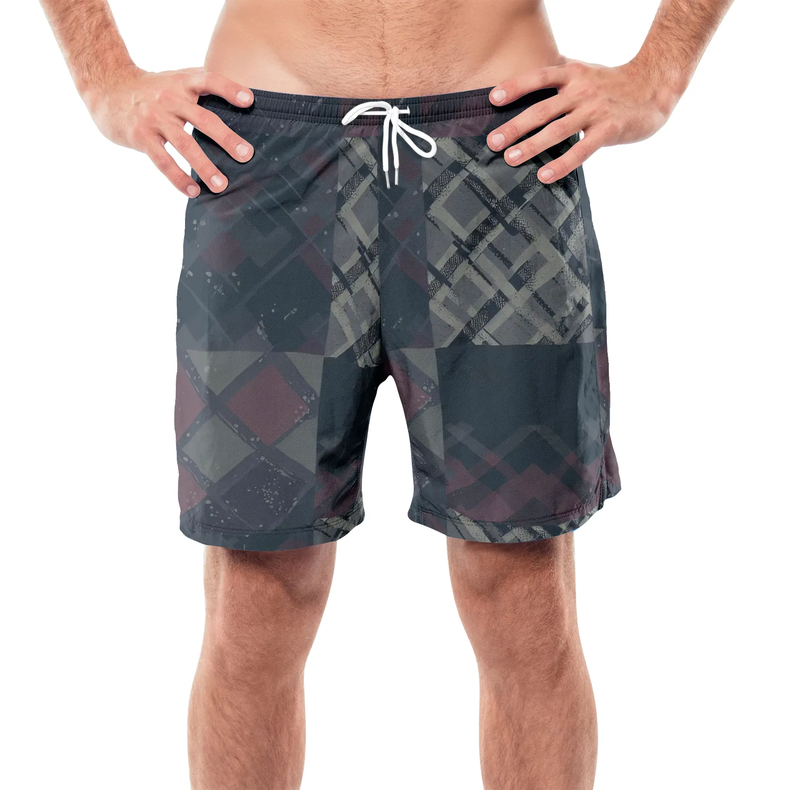 Vampire Art Grunge Patchwork Men's Beach Shorts - Grey Plaid